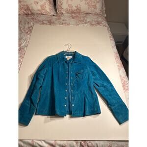 Aria Vintage Leather Button Up Jacket Blue with Flower Accent